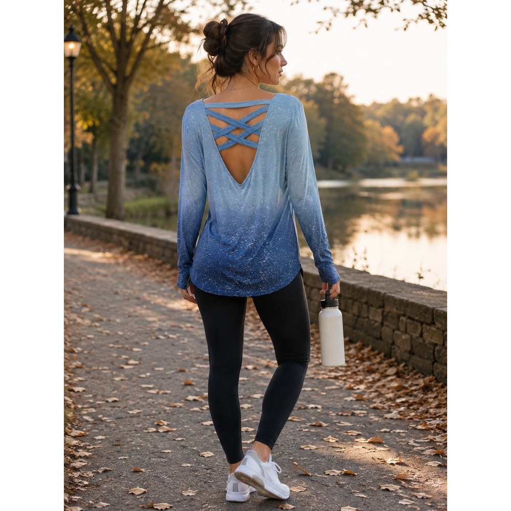 Earth Yoga Women Blue Ombre Lattice Strappy Back Top L Athleisure Sustainable